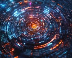 Obraz premium This image features a futuristic, abstract design resembling a digital circuit or network, with glowing elements in circular patterns, evoking a sense of technology and innovation.