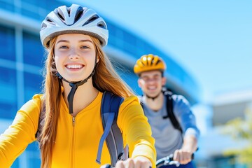 Young couple enjoys a sunny bicycle ride through a university campus in the afternoon