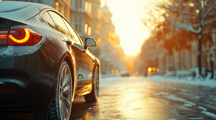 Naklejka premium Luxury car on snowy street during golden winter sunrise