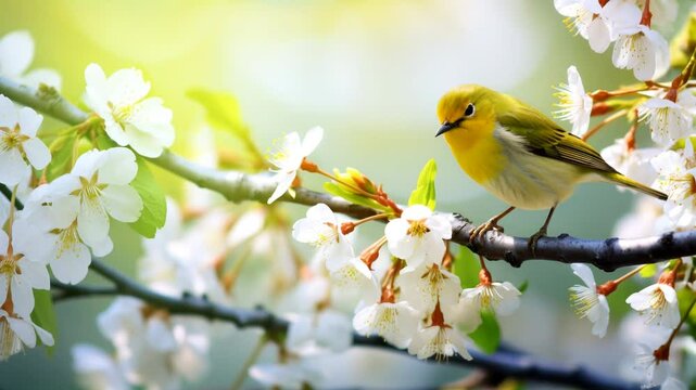 Little sparrow sits on a branch of a blooming apple or cherry tree in the spring garden. Background for Easter or spring greeting cards with free space for text.