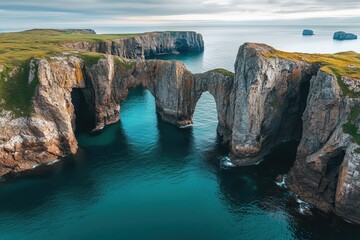 Majestic coastal rock formations rise dramatically from the turquoise waters, creating natural...