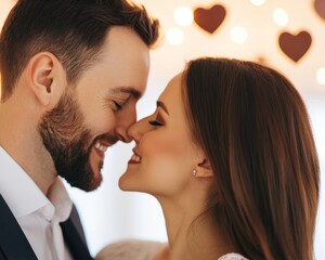 Naklejka premium A close-up of a couple smiling and sharing a tender moment, framed by soft lighting and heart decorations, capturing love and intimacy.