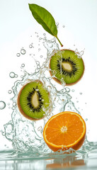 Kiwi and orange splashing in clear water with vibrant colors and dynamic motion