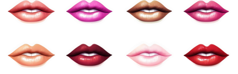 eight glossy lips with various shades of pink. red. and brown colors. isolated on a transparent background