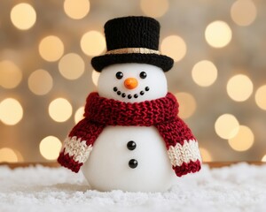 Obraz premium A cheerful snowman wearing a black top hat and a cozy red scarf stands on a snowy surface, with a blurred background of soft, warm lights, evoking a festive winter atmosphere.