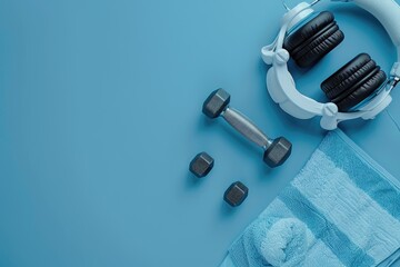 Sport flat lay with dumbbells  towel  headphones on blue background top down