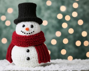 A charming knitted snowman wearing a black top hat and a brown scarf, set against a softly blurred background of warm lights, evoking a cozy winter atmosphere.