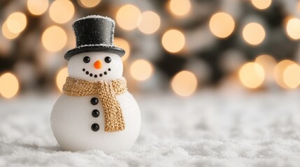 Obraz premium A charming snowman with a black hat and a scarf stands on a snowy surface, set against a backdrop of warm, glowing lights, evoking a cozy winter atmosphere.