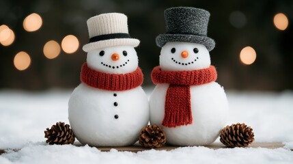 Two cheerful snowmen with hats and scarves stand on a snowy surface, surrounded by pinecones and soft, blurred lights in the background, evoking a festive winter atmosphere.