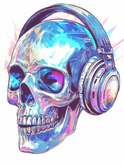 Skull wearing headphone isolated on white background.