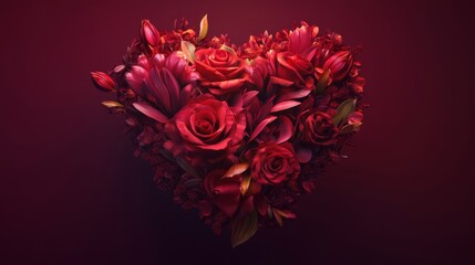 Radiant 3D Valentine's Day Heart Made of Roses, Tulips, and Leaves on Burgundy Background with Gradients