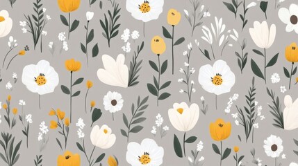 Elegant Floral Pattern Yellow and White Blooms on Gray