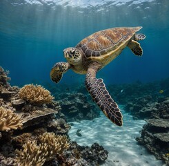 Fototapeta premium Photograph a sea turtle swimming near coral.