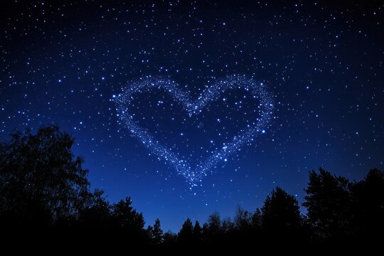 A beautiful heart shape made of stars shines brightly in the night sky, surrounded by dark trees in a tranquil setting. The celestial display evokes feelings of love and peace.