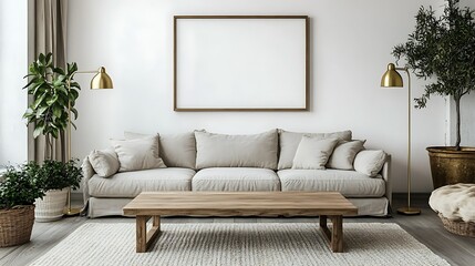 Fototapeta premium Modern living room interior with beige sofa, wooden coffee table, plants, and blank frame.