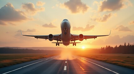 Fototapeta premium Commercial Airplane Taking Off at Sunset on a Scenic Runway