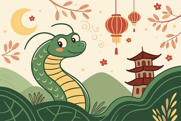 Whimsical and Enchanting Lunar New Year 2025 Poster: A Friendly Green Snake Weaves Through a Fantastical Landscape of Lush Greenery, Pagodas, and Floating Lanterns, Invoking a World of Wonder and Magi