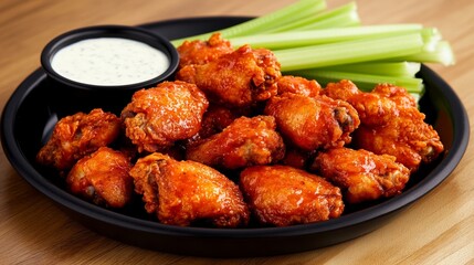 Fototapeta premium A platter of crispy chicken wings coated in spicy buffalo sauce, served with celery sticks and creamy ranch dipping sauce, perfect for the Super Bowl 