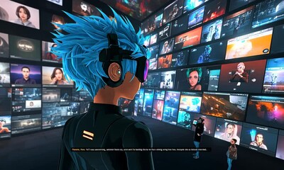 Futuristic Virtual Reality Scene with Blue-Haired Avatar Engaging with Interactive Interfaces in a High-Tech Digital Environment