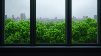 Fototapeta premium A rainy March day scene with water droplets on a windowpane overlooking a city park filled with budding trees, tranquil and atmospheric 
