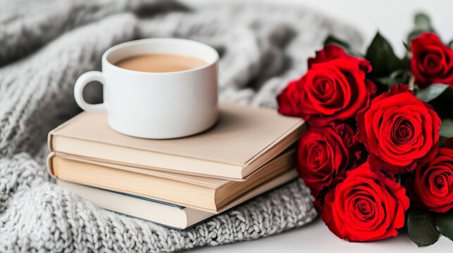 A stack of hardcover books with a cozy knit blanket draped over them, surrounded by a bouquet of roses and a cup of coffee, intellectual and warm 