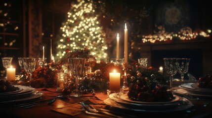 Obraz premium Dinner table illuminated by candlelight. The elegant decor and warm ambiance capture the essence of a festive holiday meal.