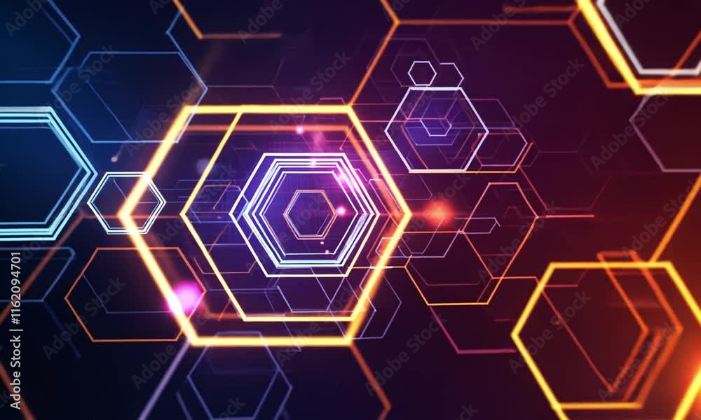 Poster layered hexagons and squares with varying opacities in vibrant background creating depth and movemen