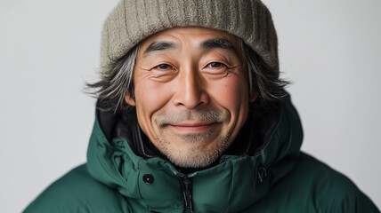 白背景で微笑むグリーンジャケットの日本人男性スノーボーダー