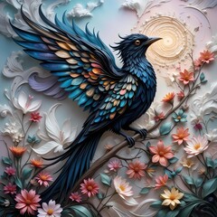 Naklejka premium bird painting and flower decoration on the wall