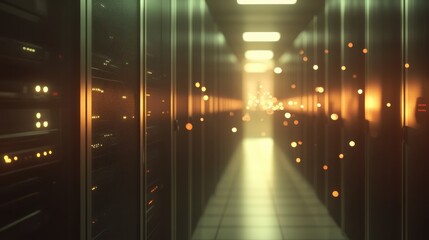Servers data center room with bright bokeh light going through the corridor 3D rendering