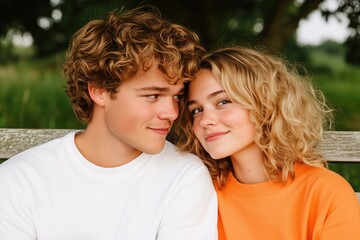 Fototapeta premium Young couple enjoying an intimate moment on a park bench during soft morning light while sharing secrets and smiles