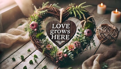 Heart-Shaped Wreath of Twigs, Flowers, and Greenery with 'Love Grows Here' in Rustic Script