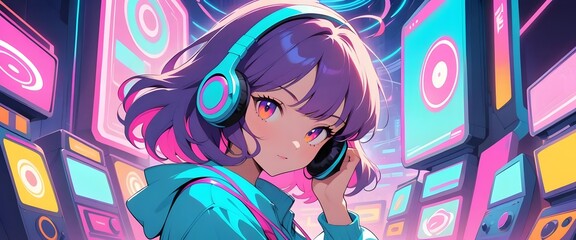 anime girl with headphones listening music