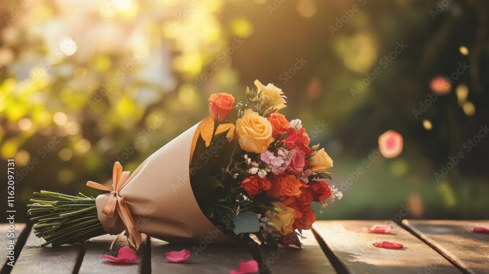 Poster Colorful flower bouquet wrapped in kraft paper placed on a wooden table outdoors with sunlight and soft bokeh. Generative AI
