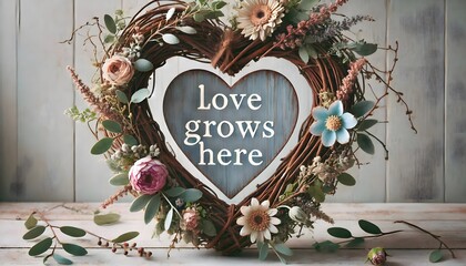 A soft-focus photograph of a heart-shaped wreath made of twigs, flowers, and greenery, with 'Love Grows Here' written in rustic script