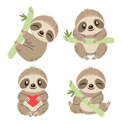Cute sloth set. Adorable hand drawn sloth illustrations with bamboo and heart. Perfect for scrapbooking, greeting cards, nursery decor, posters, stickers, and kids designs.