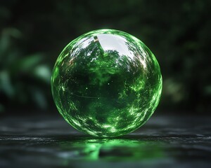 Ecosustainable business concept with a green crystal globe ball, representing CSR, environmental responsibility, and innovation through Generative AI