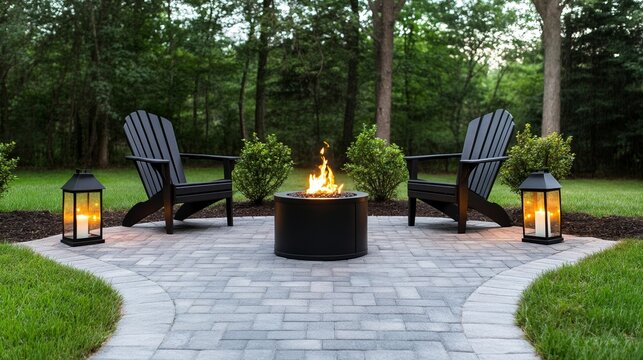 Small backyard patio with stone pavers, Adirondack chairs around a portable fire pit, and lanterns placed on side tables, intimate and inviting 