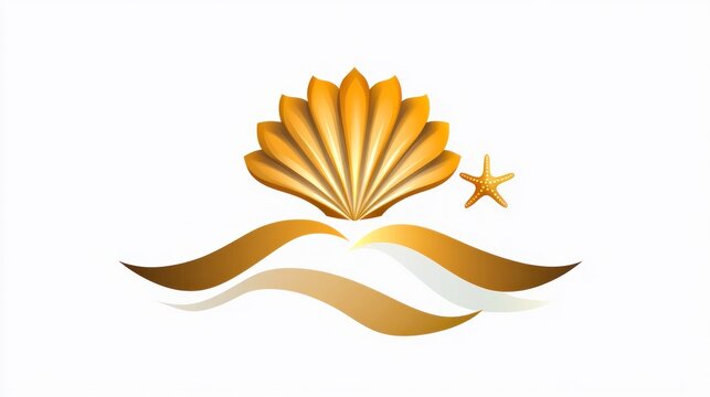 Golden seashell and starfish on waves.