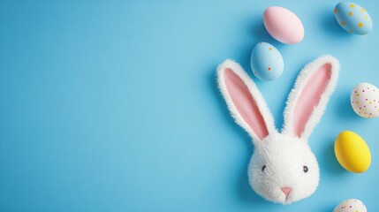 Obraz premium Easter party setup: top view of white, pink, blue, and yellow bunny ears with decorated eggs on a soft pastel blue background, perfect for spring celebrations and holiday-themed designs