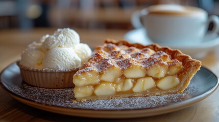 Delicious apple pie slice with vanilla ice cream and coffee.