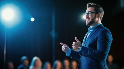 Celebrity public speaker giving an inspiring talk at an international business development conference. Business man using a microphone to deliver a strong message and coaching advice