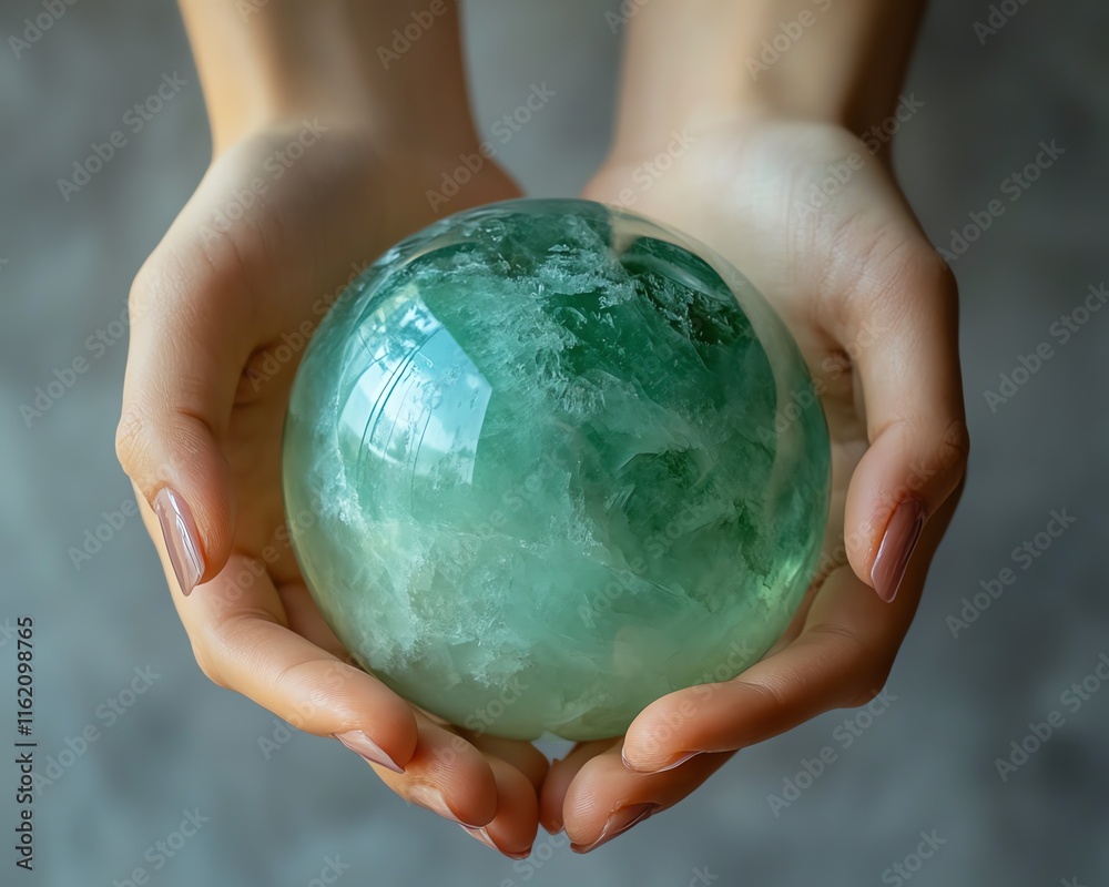 Poster hands gently holding a green crystal globe, representing ecosustainable business practices and csr i