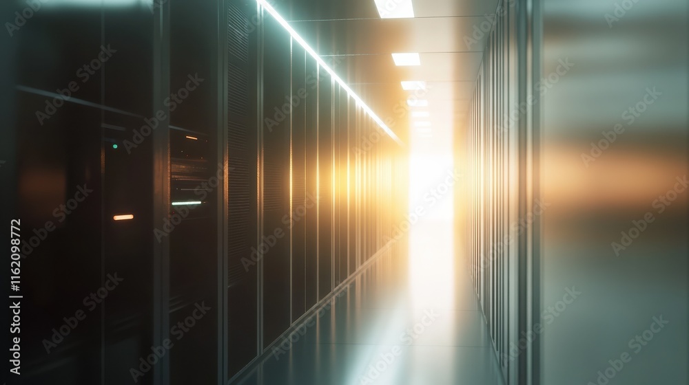 Poster servers data center room with bright bokeh light going through the corridor 3d rendering