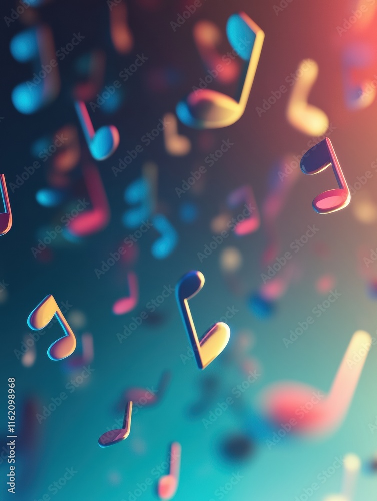 Poster Colorful 3D music notes floating against a vibrant background filled with various hues and light effects. Generative AI