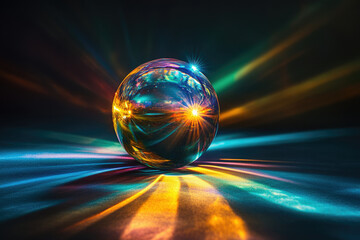A crystal ball refracts colorful light rays, creating a mesmerizing display of vibrant hues and radiant energy.