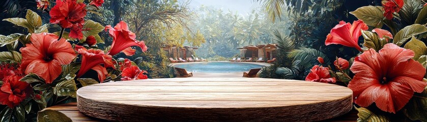 Fototapeta premium Elegant Tropical Poolside with Lush Greenery and Vibrant Red Flowers, Ideal for Relaxation and Vacation Themes in Exotic Locations