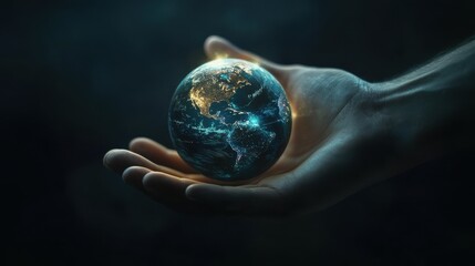 Hand holding a digital world with cloud computing technology and global network connections