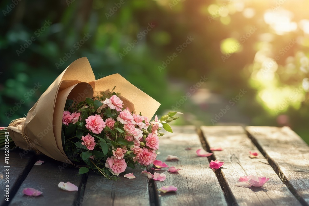 Poster colorful bouquet wrapped in kraft paper resting on wooden table with soft sunlight. generative ai