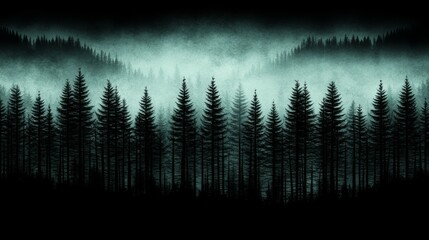 Obraz premium Enigmatic Foggy Forest, Silhouetted Pines, Mysterious Depth